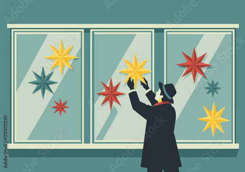 Retro style winter window display with colorful geometric stars and silhouette figure
