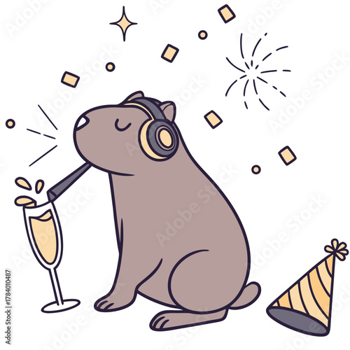 Cute Sleepy Capybara, accessorized with wearing headphones, in a New Year's Eve/Day world – New Beginnings palette vector