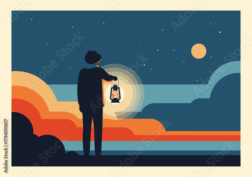 Silhouette of person with lantern under starry sky at sunset in minimalist style