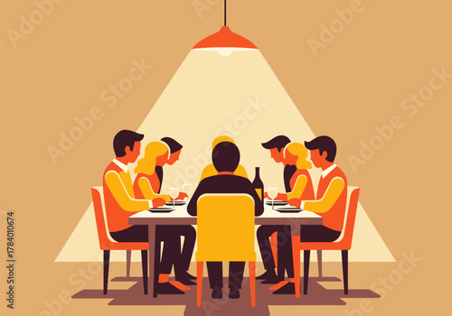 Group of people enjoying dinner at a table under warm light