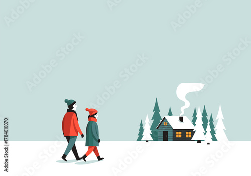 Minimalist winter scene with couple walking toward snow-covered cabin in forest