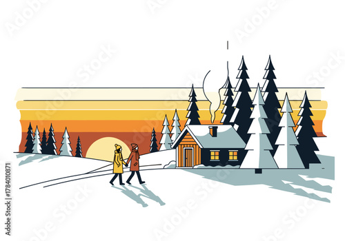 Winter wonderland: cozy cabin retreat with sunset and snowy forest scene