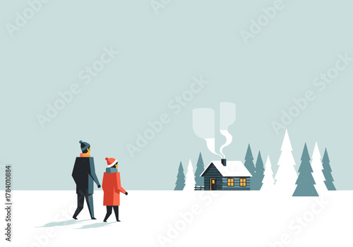 Wintertime stroll near cozy cabin with snow-covered pines in minimalist style