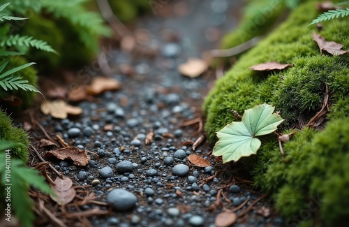 Closeup on gravel path in forest. Green moss grows near stones. Leafs lie around on ground. Forest scenery is beautiful. Hiking trail passes in woodland.