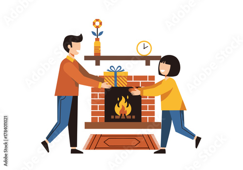 Cozy winter scene with two people exchanging gifts by a fireplace