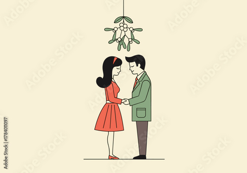 Romantic couple embracing under mistletoe in minimalist holiday scene