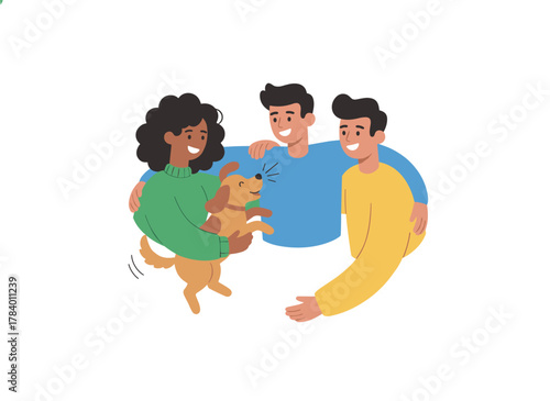 A group of friends and a dog surround and embrace a young woman, offering support, care, love, and acceptance—true friendship—illustrated in a bright-colored flat cartoon vector style