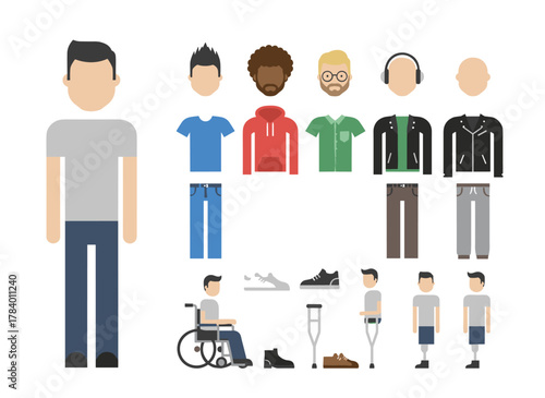 Cartoon vector illustration of a disabled male character seated in a wheelchair, with his body parts, gestures, and clothing isolated against a white background