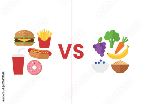Illustration of healthy versus unhealthy food, highlighting the choice between good and bad nutrition, contrasting fast food, sugary and fatty options with a balanced diet, presented as a colored