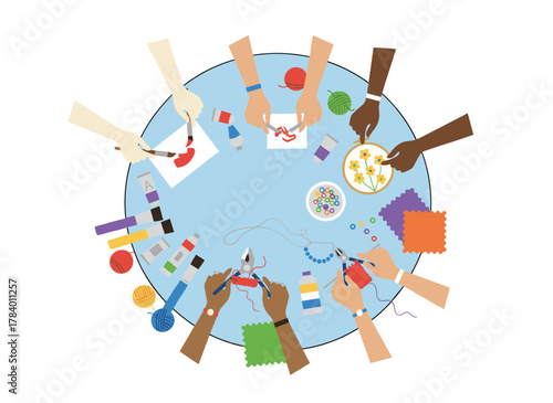 A horizontal banner featuring hands making handmade crafts—drawing, woodblock printing, beadwork, embroidery, knitting, scrapbooking—serves as a creativity lesson or workshop for children, rendered