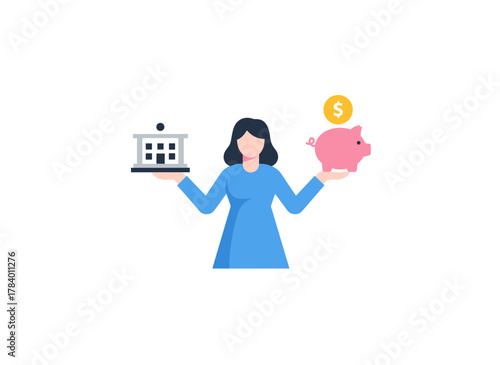 A flat vector illustration of a woman choosing between a bank and a piggybank, representing budget planning, money savings, investment, funding, bank loans, economic choices, and financial literacy