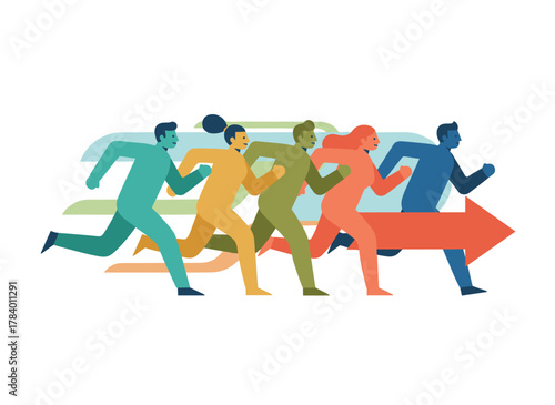 A vibrant group of runners, depicted in a flat vector illustration, features a male and female jogging against a white backdrop, symbolizing a competitive race lifestyle