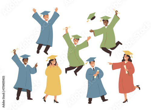 A group of cheerful graduates in gowns, caps, and robes, holding diplomas, celebrating their university graduation in a flat cartoon vector illustration