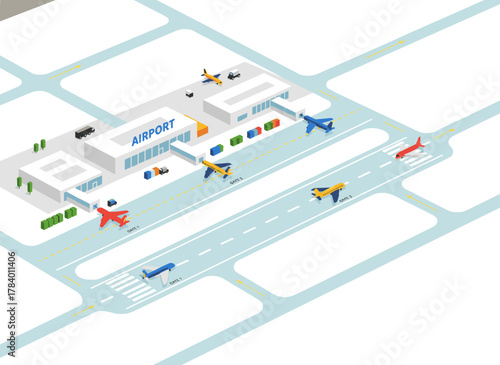 Top-down horizontal banner featuring an airplane taxiing and readying for takeoff on a runway, with a passenger aircraft beside an airport building and space for text, rendered as a colorful flat
