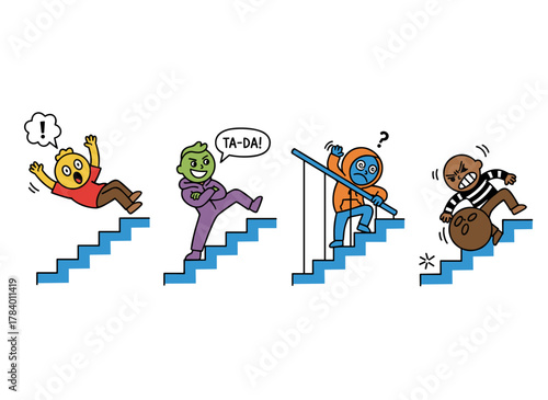 A set of flat vector illustrations showing men and women stumbling and falling down stairs, depicting bad luck, misfortune, fiasco, and the concept of business failure or company crash