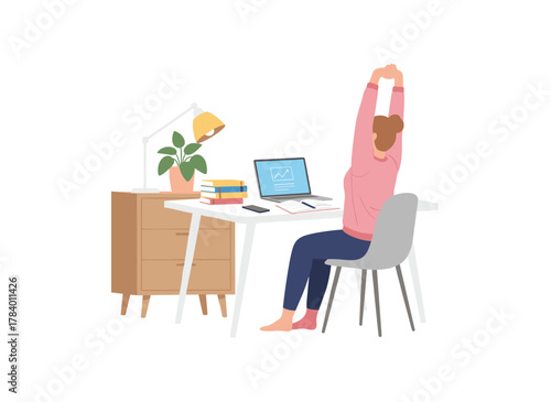 A smiling female office worker sits at her desk with a laptop, taking a short break to stretch, depicted in a flat cartoon vector illustration