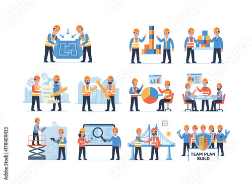 A set of flat vector illustrations featuring builders, architects, professional contractors, and engineers, illustrating architectural project planning, development, approval, and the building