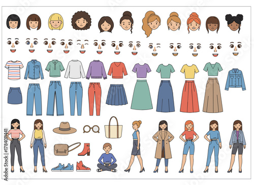 Set of female office assistant avatars or DIY kit, featuring a bundle of a woman's body parts, gestures, poses, and formal clothing isolated on a white background, with front, side, and back views