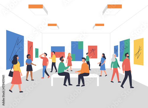 In a traditional art gallery, visitors stroll through the exhibition hall, admiring classic paintings on the walls while a guide leads tourists, all depicted in a flat vector illustration