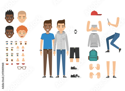 A set for creating a male photographer or photojournalist cartoon character, including body parts, clothing, and accessories, with front, side, and back views in a flat, colorful vector illustration