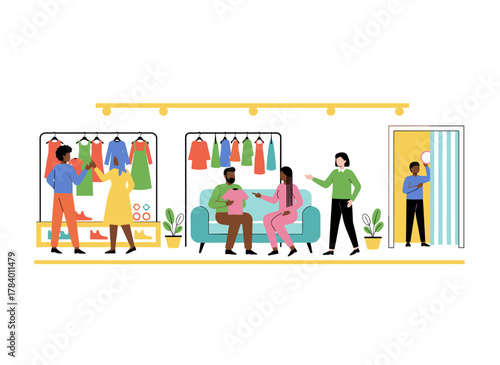 A vibrant swap‑party concept where women select trendy clothing, shoes, and accessories at a fair, people trade items in a collaborative consumption setting, illustrated in flat cartoon vector style