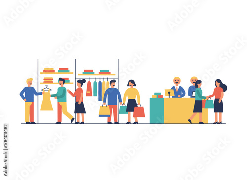 A flat vector illustration of a store with a sale, discount, and special offer theme, showing a seller and cartoon characters in a queue, with male and female customers standing alone on a white