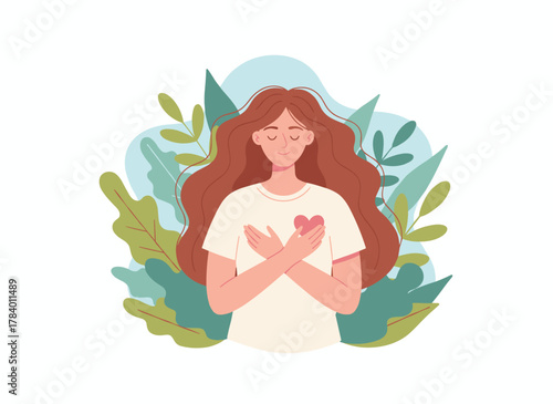 A woman places her hand on her kind heart, feeling self-love, bliss, harmony, and positive emotions, while a calm, peaceful girl volunteers, embodying care, humanity, self-help, and peace, all