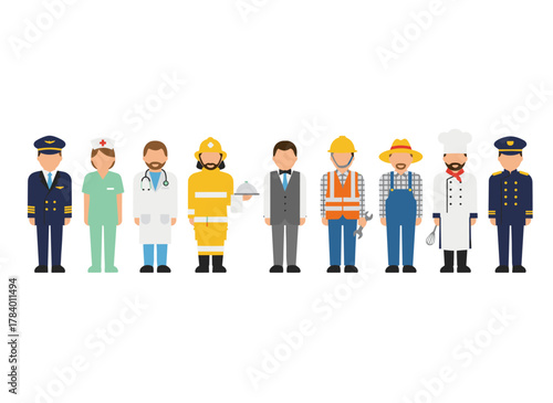 A group of professionals from various occupations set against a white backdrop, featuring male and female workers in uniform, rendered as a flat cartoon vector illustration