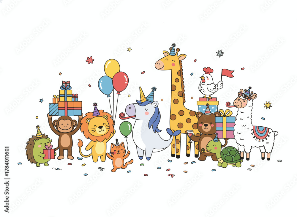 Obraz premium A whimsical group of charming wild animals celebrating a birthday party, featuring playful cartoon characters wearing cone hats, holding cake, gifts, and balloons, rendered in a flat, childlike