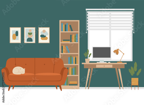 A modern living room featuring furniture and décor, a cozy apartment equipped with a sofa and shelves, a trendy contemporary interior design showcasing houseplants, pictures, and a window, all