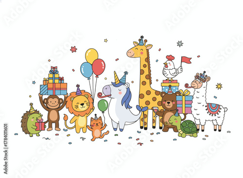 A whimsical group of charming wild animals celebrating a birthday party, featuring playful cartoon characters wearing cone hats, holding cake, gifts, and balloons, rendered in a flat, childlike