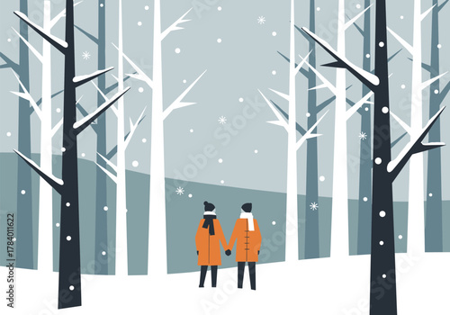 Couple in winter forest: minimalist winter scene with falling snow in forest setting