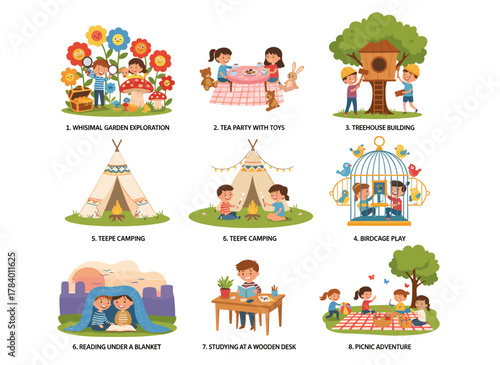 Set of flat vector illustrations depicting a world of childhood, featuring cartoon kids playing games, engaging in playful activities, building shelters, drawing, reading fairy tales, and dreaming