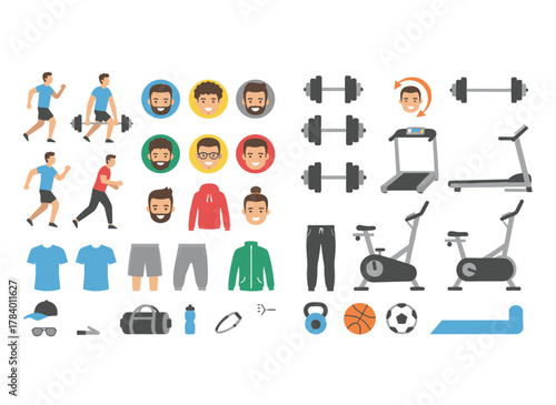 Create a sports character set featuring a bodybuilder with varied postures, hairstyles, facial features, limbs, equipment, and clothing, rendered as vector cartoon illustrations from front, side, and