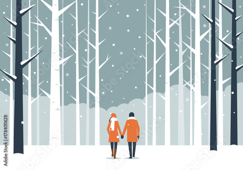 Winter wonderland scene with couple walking in snowy forest of bare trees