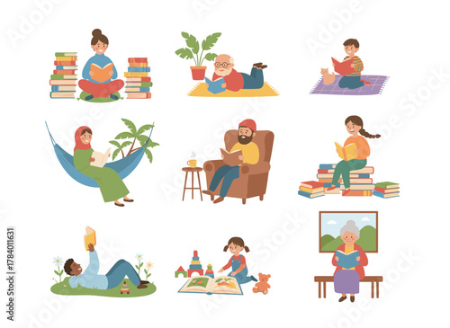 A group of children engrossed in reading or studying, boys and girls holding books, young literature enthusiasts set against a white background, depicted in a modern flat cartoon colorful vector
