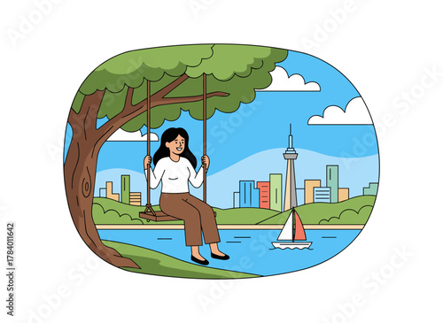 A cheerful young girl enjoys rope swings and hanging from trees, savoring the tranquil nature and solitude, while peacefully sitting on a seesaw near water during summer holidays, depicted in a flat