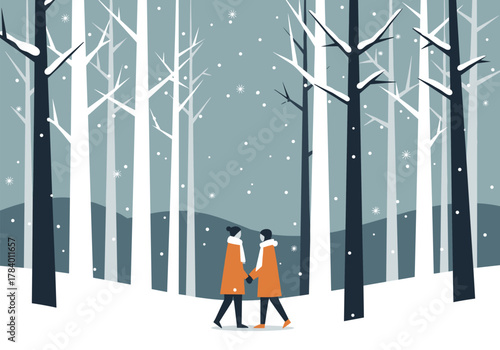 Minimalist winter scene: couple in snowy forest landscape with falling snowflakes