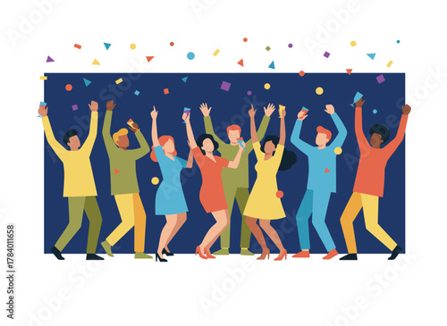 Joyful crowds gather at a holiday party, with friends dancing and having fun together, while young men and women celebrate the event with enthusiasm in a nightlife setting, depicted as a colored flat