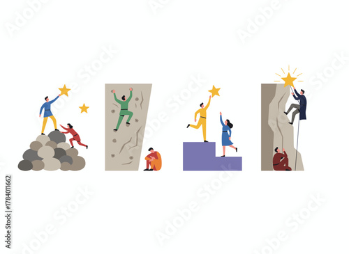 Illustration of a group of individuals conquering obstacles and hurdles on their path to success, depicting the concept of challenges and goal attainment, showing the process of reaching targets