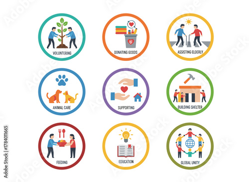 A flat vector illustration set featuring young volunteers engaged in helping the homeless, scavenging, supporting disabled and elderly individuals, caring for animals, and planting trees—capturing