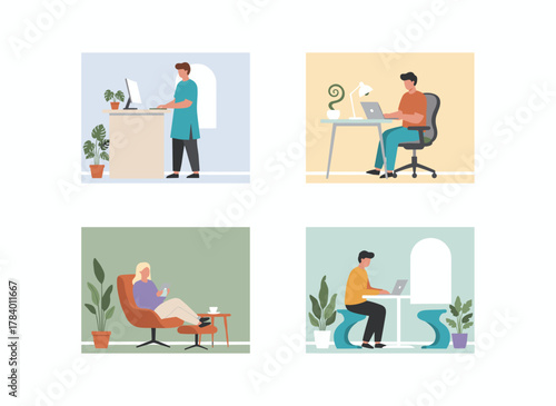 A set of flat vector illustrations depicting a modern workspace, featuring office workers seated and standing around ergonomic furniture, all cartoon characters isolated on a white background, set in