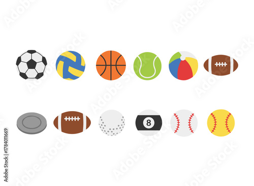 A vector flat illustration of a collection of round and oval balls used in various sports and recreational activities, presented as a set of isolated equipment on a white background