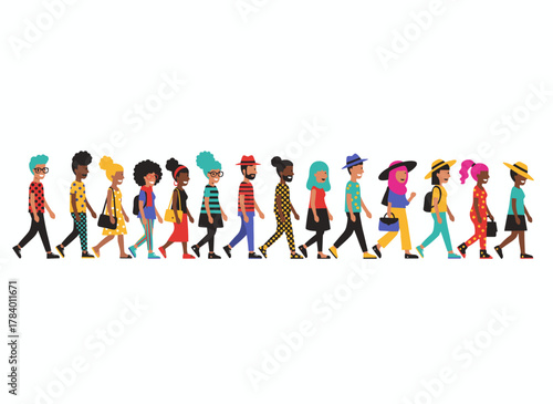 A group of elementary or middle school students walking down a street, depicted as a colorful flat cartoon vector illustration on a white background