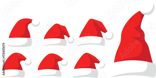 Stylized Red Santa Hats with White Trim – Festive Christmas Headwear in Various Sizes and Shapes on Clean Digital Background