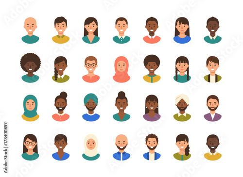 A collection of head portraits featuring diverse men and women of various ages and races, depicting cheerful modern avatars of both young and old, bundled as flat vector illustrations set against a