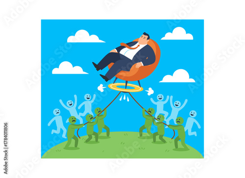 Illustration of a self-centered, arrogant manager who ignores subordinates, with people shouting at the haughty boss seated in a chair, depicted as a flat vector cartoon