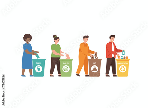 A group of cheerful, humorous characters disposing of trash into bins, dumpsters, or containers, depicting happy men and women engaged in garbage collection, sorting, and recycling, rendered as a