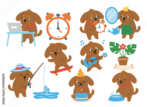 A charming dog collection featuring business and psychology themes, a humorous animal engaged in hobbies, work, and daily life, a joyful puppy juggling time management, fishing, and play, all