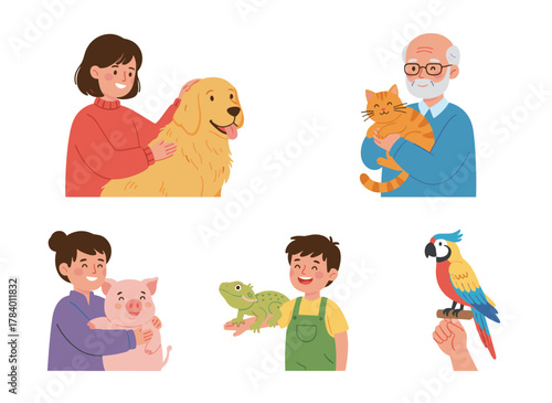 A set of flat vector illustrations depicts children with pets, happy domestic animal owners, cartoon characters, and kids playing with various home pets such as a mountain dog, mini pig, cute